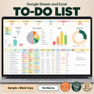 May include: A laptop screen displays a Google Sheets and Excel to-do list template with data visualizations including a pie chart, bar graph, and progress ring. The dashboard shows task metrics, categories, and a detailed task table with status, priority, and dates.