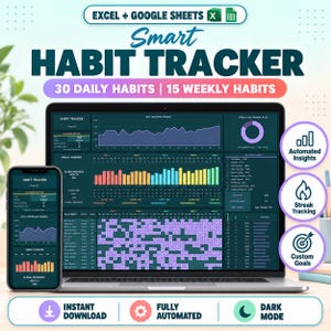 Puede incluir: Una plantilla digital de seguimiento de hábitos para Excel y Google Sheets mostrada en una pantalla de portátil y smartphone. La interfaz en modo oscuro presenta gráficos de líneas, barras, círculos de progreso y una cuadrícula de seguimiento.