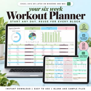 Planilha de Planejamento de Treinos no Excel e Google Sheets: Planejador de Academia de 6 Semanas, Rastreador de Exercícios, Calendário de Fitness, Registro de Treinamento e Acompanhamento de Treinos.