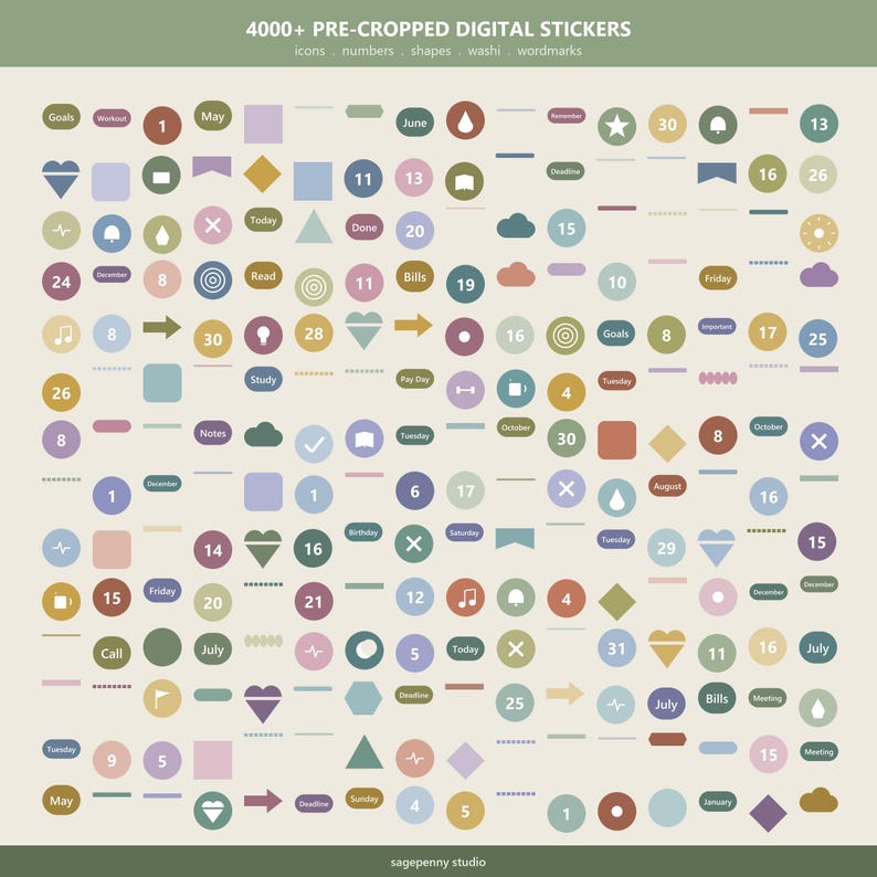 Puede incluir: Una colecci&oacute;n de m&aacute;s de 4000 pegatinas digitales precortadas que incluyen varios iconos, n&uacute;meros, formas, tiras de washi y palabras en una paleta de colores suaves. El texto 4000+ PRE-CROPPED DIGITAL STICKERS aparece en la parte superior.