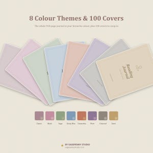 May include: A digital reading journal with 8 color themes and 100 swappable covers. The image displays multiple journal covers in pastel shades of purple, green, blue, pink, and tan, with text reading 8 Colour Themes & 100 Covers and Reading Journal.