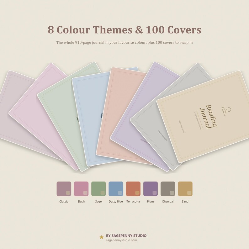 May include: A digital reading journal with 8 color themes and 100 swappable covers. The image displays multiple journal covers in pastel shades of purple, green, blue, pink, and tan, with text reading 8 Colour Themes & 100 Covers and Reading Journal.
