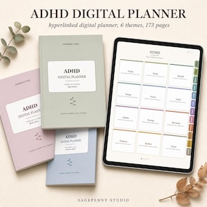 Agenda digitale per ADHD, con collegamenti ipertestuali per Goodnotes e Notability, tracker delle abitudini giornaliero, settimanale e mensile senza data per iPad