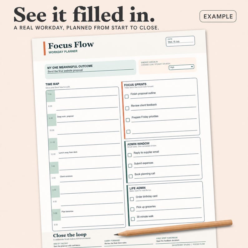 Planer pracy z domu, dzienny planer pracy w formacie PDF, wypełnialny planer produktywności, harmonogram bloków czasu skupienia, do druku zdjęcie 4