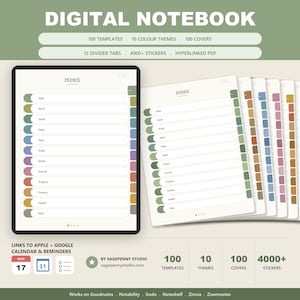 May include: A digital notebook displayed on a tablet screen and as a stack of pages, featuring an index with twelve labeled tabs. The text includes DIGITAL NOTEBOOK, 100 TEMPLATES, 10 COLOUR THEMES, 100 COVERS, 12 DIVIDER TABS, 4000+ STICKERS, and HYPERLINKED PDF.