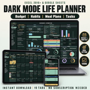 Pode incluir: Um planejador de vida digital para Excel 2016+ e Google Sheets com interface em modo escuro. A tela mostra um painel com rastreadores de orçamento, hábitos, refeições e tarefas em um layout de tela de laptop, tablet e smartphone.