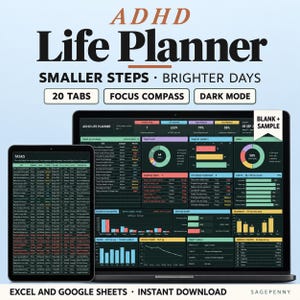 Foglio di calcolo per la pianificazione della vita con ADHD, compatibile con Excel e Google Sheets, con modalità scura, tutto in uno, per monitorare le attività, le abitudini, il budget e i pasti.