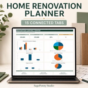 Könnte beinhalten: Ein digitaler Planer für Hausrenovierungen auf einem Laptop-Bildschirm, der ein Renovation Control Centre Dashboard mit Finanzdaten, Balkendiagrammen und Tortendiagrammen zeigt. Die Benutzeroberfläche enthält Textbeschriftungen wie Planned Budget.