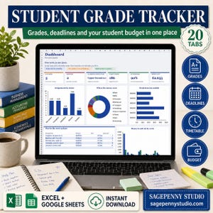 Puede incluir: Un rastreador digital de calificaciones estudiantiles en la pantalla de una computadora portátil, con un panel de control que muestra gráficos, seguimiento de presupuesto y fechas límite. Incluye secciones para notas y resúmenes financieros.