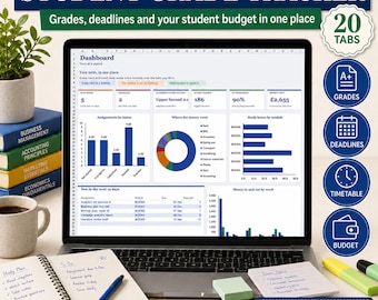 Puede incluir: Un rastreador digital de calificaciones estudiantiles en la pantalla de una computadora portátil, con un panel de control que muestra gráficos, seguimiento de presupuesto y fechas límite. Incluye secciones para notas y resúmenes financieros.