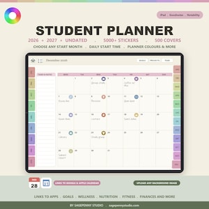 Può includere: Un pianificatore studentesco digitale visualizzato su uno schermo di tablet, con una griglia del calendario mensile di dicembre 2026 con attività, note e icone colorate. L'interfaccia include schede laterali per i mesi, pulsanti e etichette di testo.