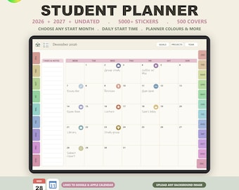 Student Digital Planner 2026 2027 Undated, Goodnotes Planner, iPad Academic Planner, Study Planner, Daily Weekly Monthly Hyperlinked