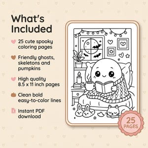 Przytulna, upiorna kolorowanka | 25 uroczych kolorowanek na Halloween | Kawaii Duch Szkielet Dynia | Dla dzieci i dorosłych | Pobierz PDF natychmiast zdjęcie 4