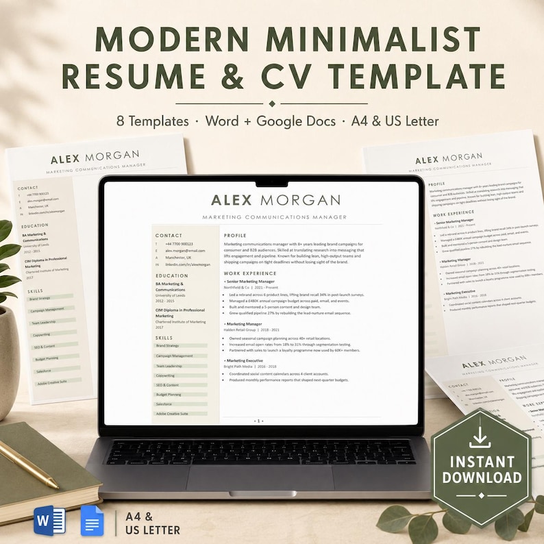 Modelo de currículo moderno em Word, pacote de modelos de CV, carta de apresentação, currículo compatível com ATS, editável no Google Docs, imprimível, download instantâneo imagem 1