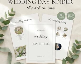 Plantilla para agenda de boda, editable en Canva, más de 100 páginas, cronograma, itinerario y planificador para el día de la boda, imprimible, descarga instantánea.