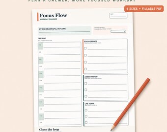 Planificador de trabajo desde casa, planificador de trabajo diario en PDF, planificador de productividad rellenable, horario de bloques de tiempo para concentrarse, imprimible
