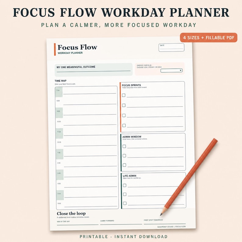 Planer pracy z domu, dzienny planer pracy w formacie PDF, wypełnialny planer produktywności, harmonogram bloków czasu skupienia, do druku zdjęcie 1