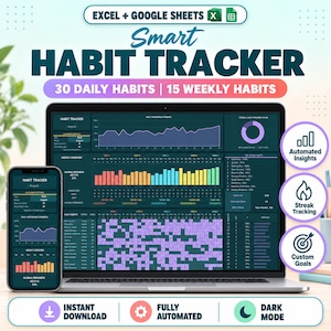 May include: A digital smart habit tracker for Excel and Google Sheets displayed on a laptop and smartphone screen. The interface features dark mode, charts, progress bars, and tables for tracking 30 daily and 15 weekly habits with automated insights.