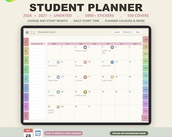Puede incluir: Un planificador estudiantil digital en la pantalla de una tableta, mostrando una cuadrícula de calendario de diciembre de 2026 con tareas, notas e iconos coloridos. La interfaz incluye pestañas laterales para meses y botones de navegación.
