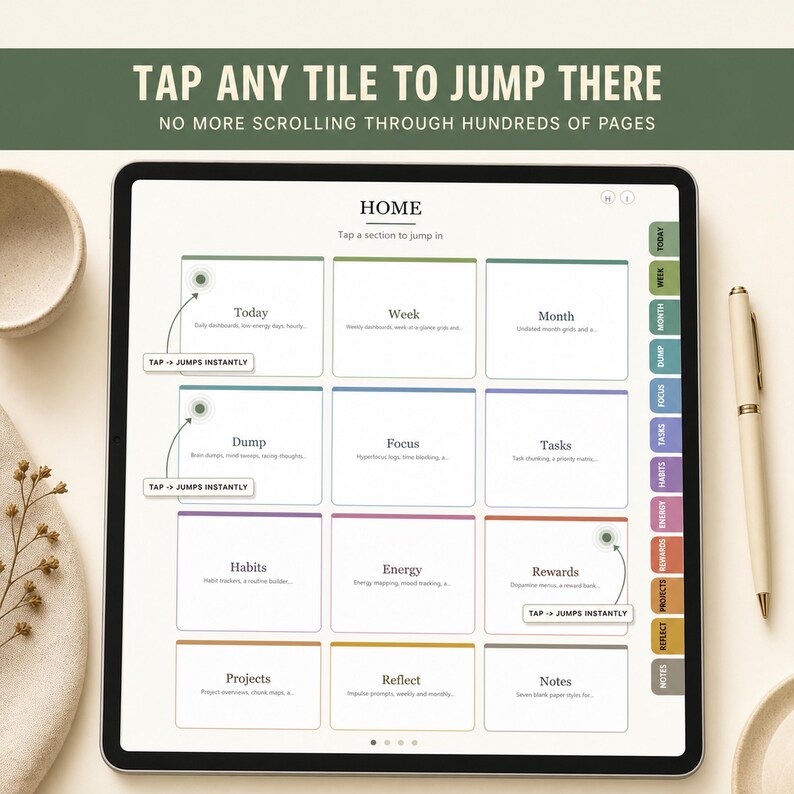 Planejador digital para TDAH, com hiperlinks para Goodnotes e Notability, rastreador de hábitos diário, semanal e mensal sem data para iPad. imagem 2
