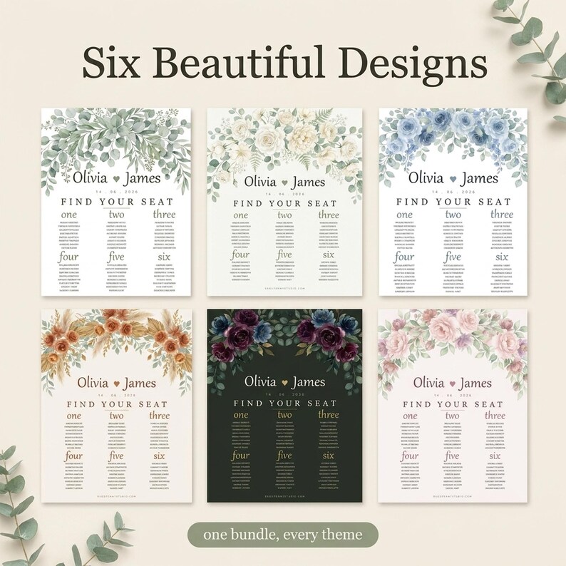 Wedding Seating Chart Template, Printable Find Your Seat Sign, Editable Greenery Eucalyptus Seating Plan, 6 Themes, Fillable PDF image 3