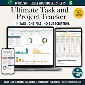 May include: A digital task and project tracker for Microsoft Excel and Google Sheets featuring 14 tabs in one file. The display shows a dashboard, a Kanban board, and a mobile view with charts, graphs, and task lists. Text includes Ultimate Task and Project Tracker, 14 Tabs. One File. No Subscription, and No Formulas to Fix.