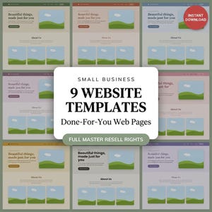 Puede incluir: Una colecci&oacute;n de nueve plantillas de sitios web con diversos esquemas de color, cada una mostrando el texto Beautiful things, made just for you, About Us y Done-For-You Web Pages, con una superposici&oacute;n central que dice Small Business 9 Website Templates.