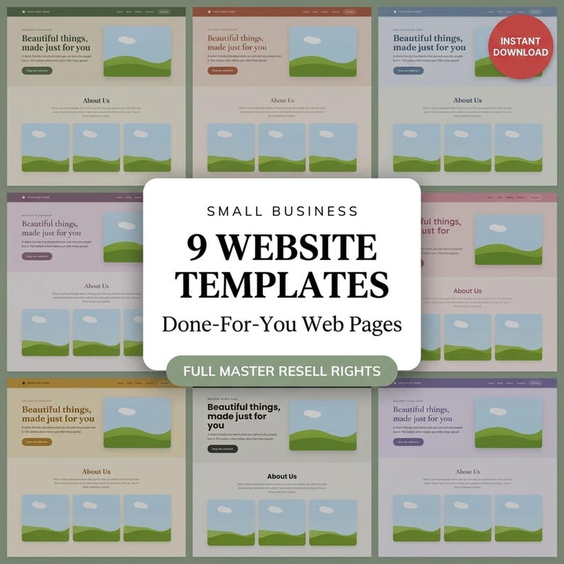 Puede incluir: Una colecci&oacute;n de nueve plantillas de sitios web con diversos esquemas de color, cada una mostrando el texto Beautiful things, made just for you, About Us y Done-For-You Web Pages, con una superposici&oacute;n central que dice Small Business 9 Website Templates.