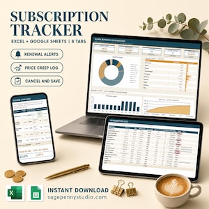 May include: A digital subscription tracker template for Excel and Google Sheets displayed on a laptop, tablet, and smartphone. The screens show financial dashboards, pie charts, and subscription logs with text including SUBSCRIPTION TRACKER.