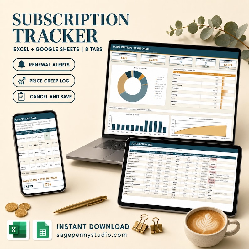 May include: A digital subscription tracker template for Excel and Google Sheets displayed on a laptop, tablet, and smartphone. The screens show financial dashboards, pie charts, and subscription logs with text including SUBSCRIPTION TRACKER.