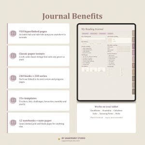 May include: A digital reading journal displayed on a tablet screen with a beige background. The text lists benefits including 910 hyperlinked pages, classic paper texture, 240 books and series, 25 plus templates, and 12 notebooks. Compatible with GoodNotes, Notability, CollaNote, Xodo, Samsung Notes, and Nebo.