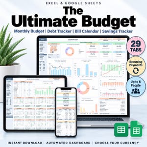 Könnte beinhalten: Eine digitale Budgetplaner-Vorlage für Excel und Google Sheets, angezeigt auf einem Laptop, Tablet und Smartphone. Das Dashboard enthält Diagramme, einen Schulden-Tracker, einen Rechnungskalender und einen Spar-Tracker.