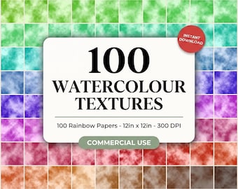 100 Watercolour Texture Digital Papers | Commercial Use | Rainbow Watercolor Paper Pack | Scrapbook, Junk Journal, Card Making