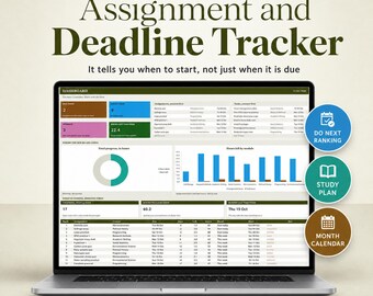 Puede incluir: Una pantalla de portátil que muestra un rastreador de tareas y fechas límite para Microsoft Excel y Google Sheets. El panel incluye tablas de datos, un gráfico de anillos y un gráfico de barras. Tres iconos circulares etiquetados como Do Next Ranking, Study Plan y Month Calendar aparecen en el lado derecho.