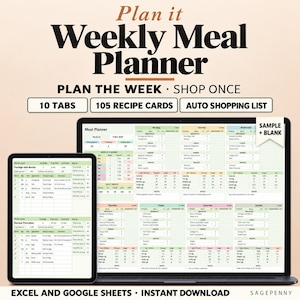 All-in-One Meal Planner Spreadsheet: Auto Grocery List, Recipe Book, Calorie and Macro Tracker, Excel