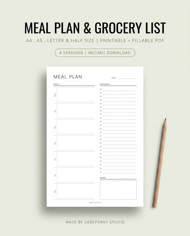 Wekelijkse maaltijdplanner met boodschappenlijst, afdrukbare maaltijdplansjabloon, invulbare pdf, menuplanner, A4 A5-briefhelft, organisator maaltijdvoorbereiding afbeelding 1