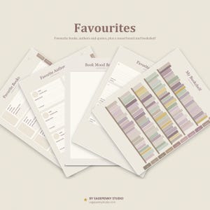 May include: A set of digital planner pages titled Favourites, featuring sections for Favorite Books, Favorite Authors, Book Mood Board, and My Bookshelf. The pages include lined fields for notes, book titles, and a graphic illustration of a bookshelf.