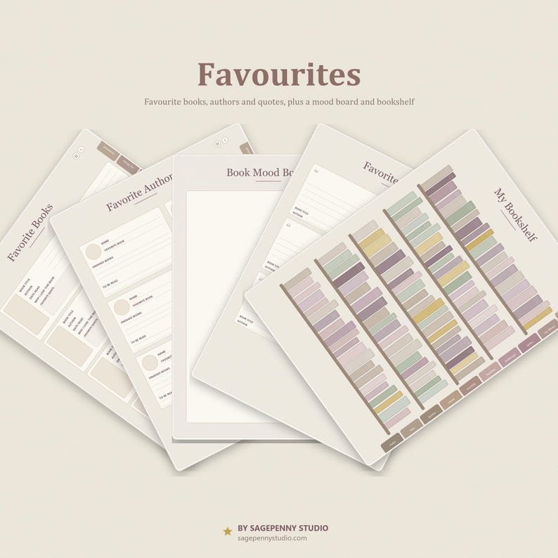 May include: A set of digital planner pages titled Favourites, featuring sections for Favorite Books, Favorite Authors, Book Mood Board, and My Bookshelf. The pages include lined fields for notes, book titles, and a graphic illustration of a bookshelf.