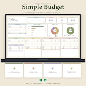 May include: A digital budget planner template displayed on a laptop screen, titled Simple Budget by Sagepenny Studio. The interface features sections for cash flow, income, bills, expenses, and debt, with pie charts and tables in muted tones.