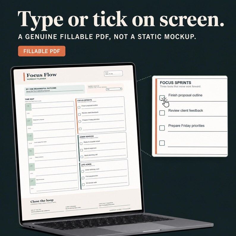 Planer pracy z domu, dzienny planer pracy w formacie PDF, wypełnialny planer produktywności, harmonogram bloków czasu skupienia, do druku zdjęcie 8