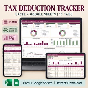 Spreadsheet voor het bijhouden van belastingaftrek, logboek voor zakelijke uitgaven, kilometervergoeding en calculator voor thuiskantoor (digitale download)