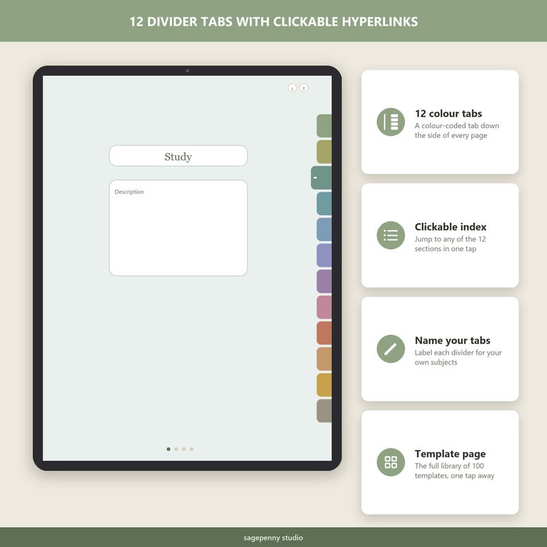 Puede incluir: Una interfaz de planificador digital con 12 pesta&ntilde;as divisorias codificadas por colores e hiperv&iacute;nculos clicables. La pantalla muestra una p&aacute;gina de estudio con un cuadro de texto etiquetado como Study y Description. Cuatro cuadros informativos destacan funciones como un &iacute;ndice clicable, pesta&ntilde;as personalizables y una biblioteca de 100 plantillas.