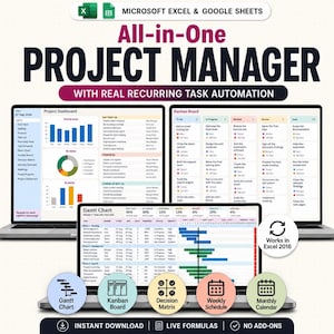 May include: A digital project management tool for Microsoft Excel and Google Sheets featuring a dashboard, Kanban board, and Gantt chart. The interface displays task automation, progress tracking, and scheduling views with icons for Gantt, Kanban, Decision Matrix, Weekly Schedule, and Monthly Calendar.