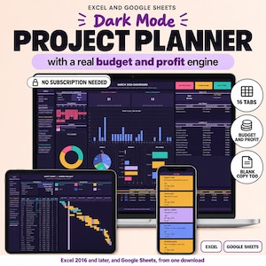 Puede incluir: Un planificador de proyectos digital para Excel y Google Sheets con interfaz en modo oscuro. La pantalla muestra un panel con gráficos, un diagrama de Gantt en una tableta y una lista de tareas en un teléfono. Incluye el texto NO SUBSCRIPTION NEEDED.