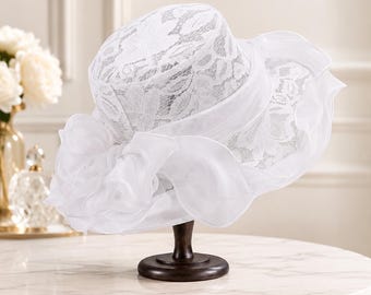 Lace Organza Church Hat Women | Ruffled Wide Brim Derby Hat | Wedding Fascinator | Tea Party Dress Hat | Elegant Bridal Hat