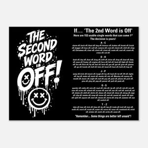 Könnte beinhalten: Ein schwarzes Poster mit weißem Text und Grafiken. Links steht THE SECOND WORD IS OFF! in tropfender Schrift über einem Smiley mit X-Augen. Rechts sind 153 Ausdrücke, die auf off enden, alphabetisch sortiert in einer Liste aufgeführt.
