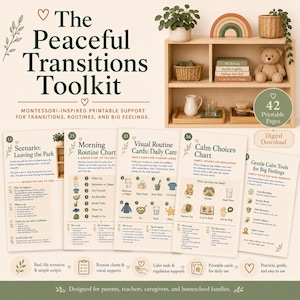 Kit de transición para niños pequeños, tablas de rutinas Montessori imprimibles, horario visual, guiones para padres, herramientas para el aula preescolar.