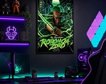 Zorro Neon Poster | One Piece Synthwave Anime Wandkunst | Digitaler Download Druck 27x40