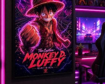 Ruffy One Piece Poster | Neon Synthwave Anime Wand Kunst | Digitaler Download Druck 27x40