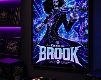 Brook One Piece Poster | Neon Synthwave Anime Wand Kunst | Digitaler Download Druck 27x40